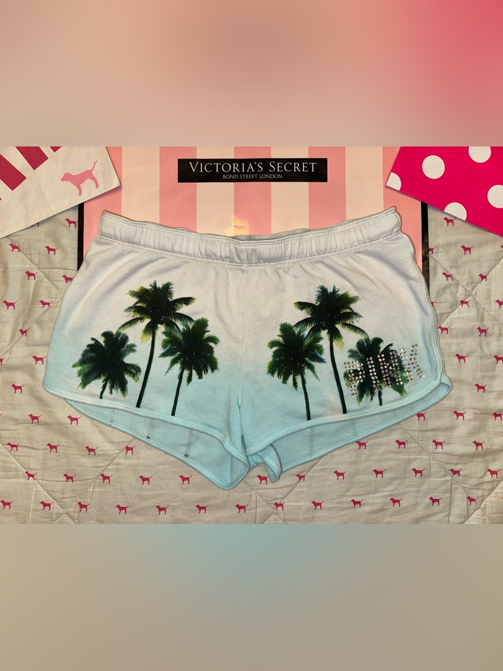 VS PINK VINTAGE Y2K FOLDOVER VARSITY SHORTS PALM TREE TROPICAL BLING RARE NWOT M